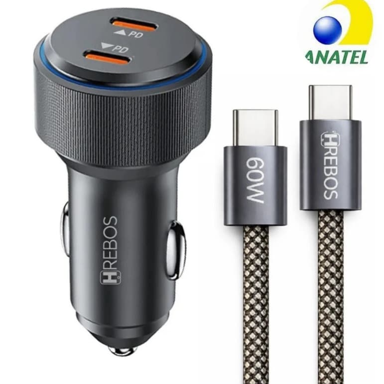 Kit Carregador Veicular Turbo Rápido + Cabo Tipo C compatível com Iphone, Samsung, Motorola, Xiaomi