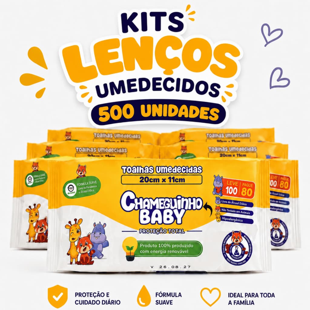Kit 500 Lenços Umedecidos Chameguinho Baby Sem Álcool Toalhas para Bebê Higiene Infantil