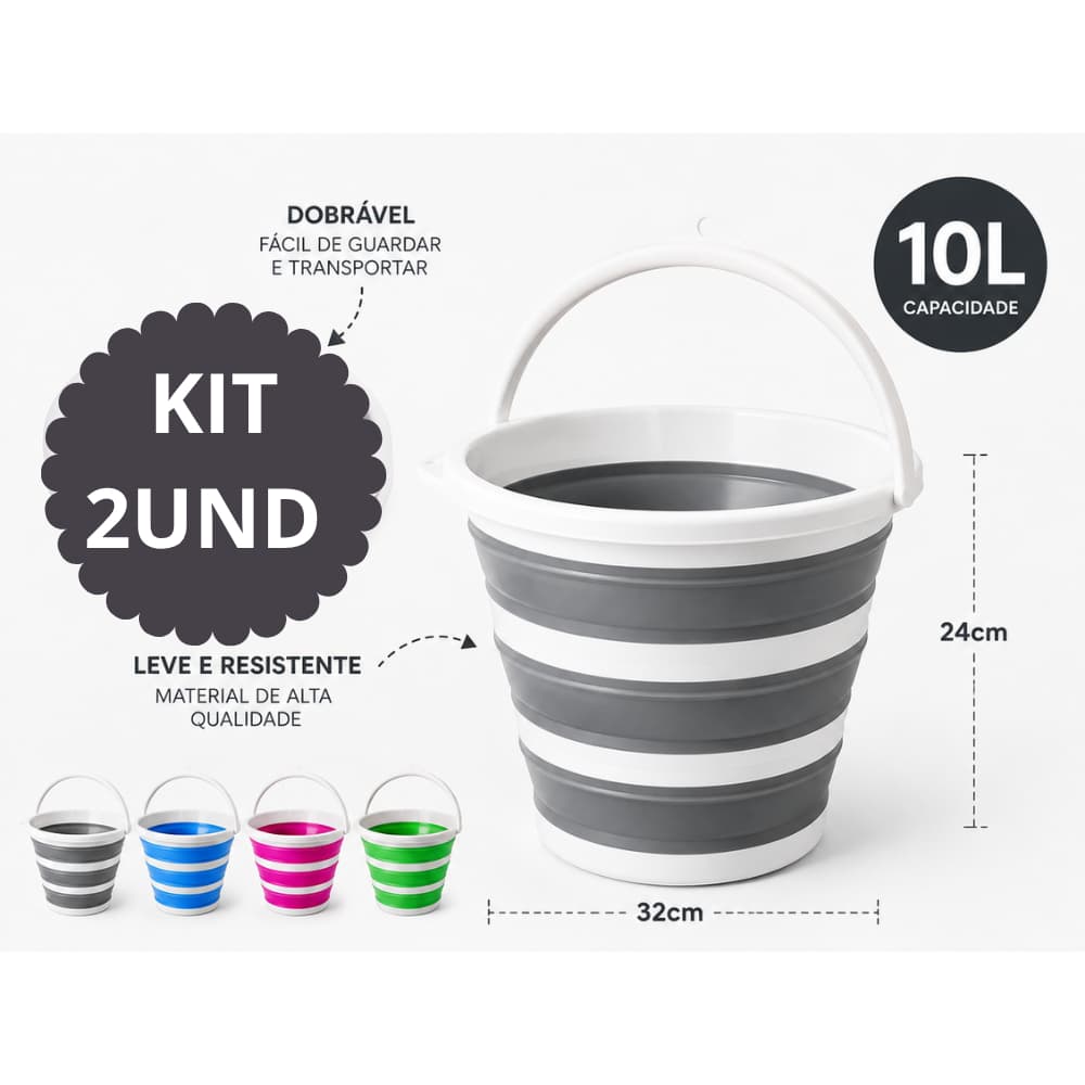 Kit 2 Balde Retrátil Dobrável 10L de Silicone Reforçado Multiuso Limpeza, Lavanderia, Carro e Camping