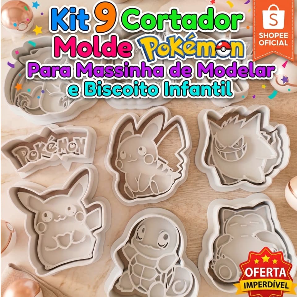 Kit 9 Cortador Molde Pokémon Para Massinha de Modelar e Biscoito Infantil