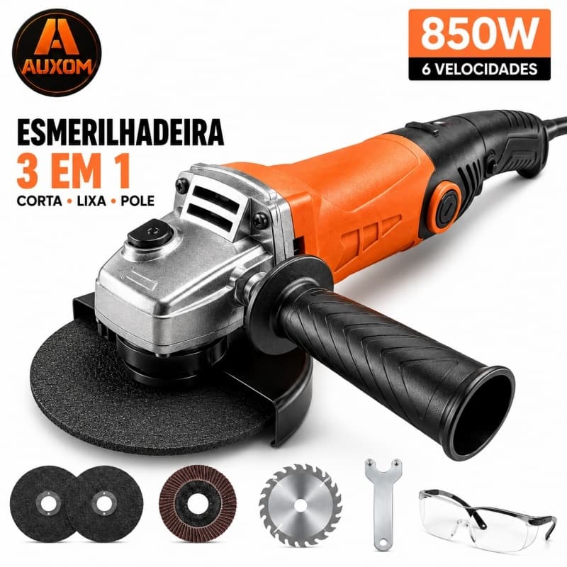 Esmerilhadeira Politriz Lixadeira AUXOM 3 em 1 850W 115mm 6 Velocidades 11000 RPM 110V ou 220V