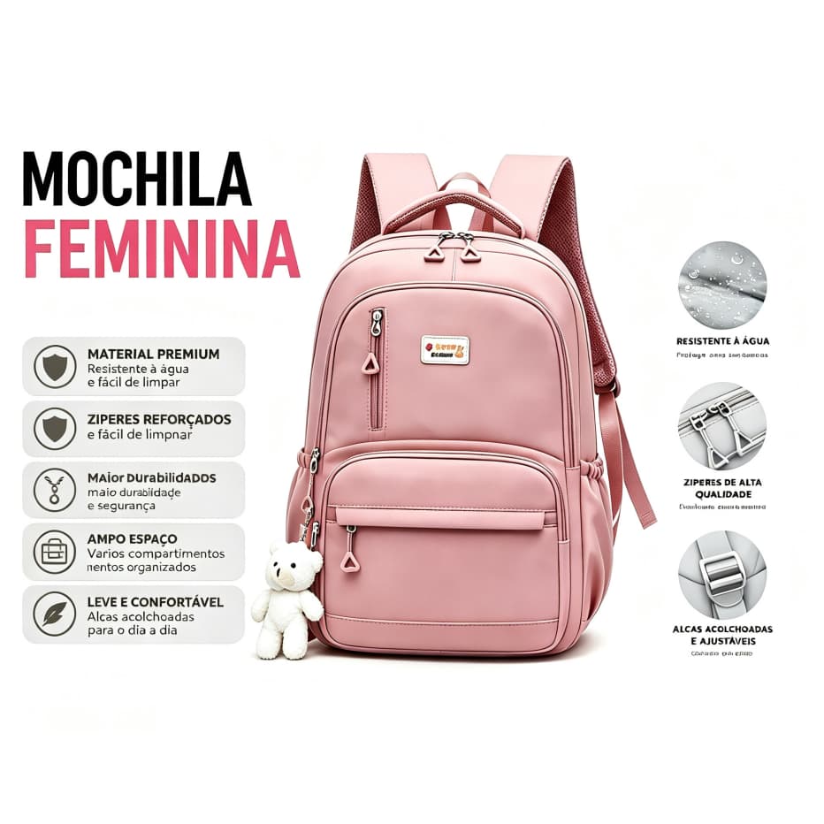 Mochila Escolar Feminina Grande Capacidade Impermeável sem Pingente para Notebook Faculdade
