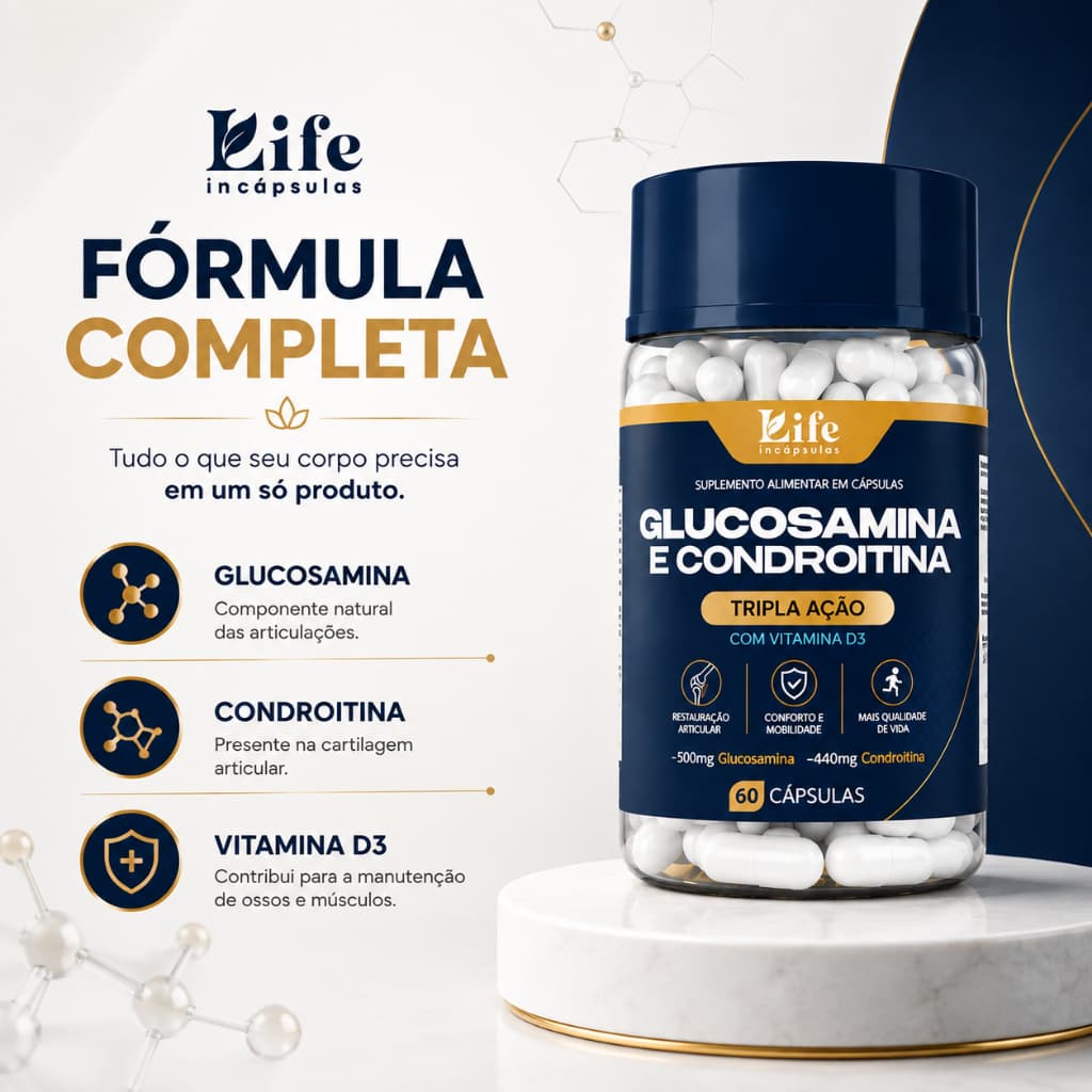 Glucosamina e Condroitina 60 Cápsulas 500mg 440mg com Vitamina D3 Suplemento Alimentar Life