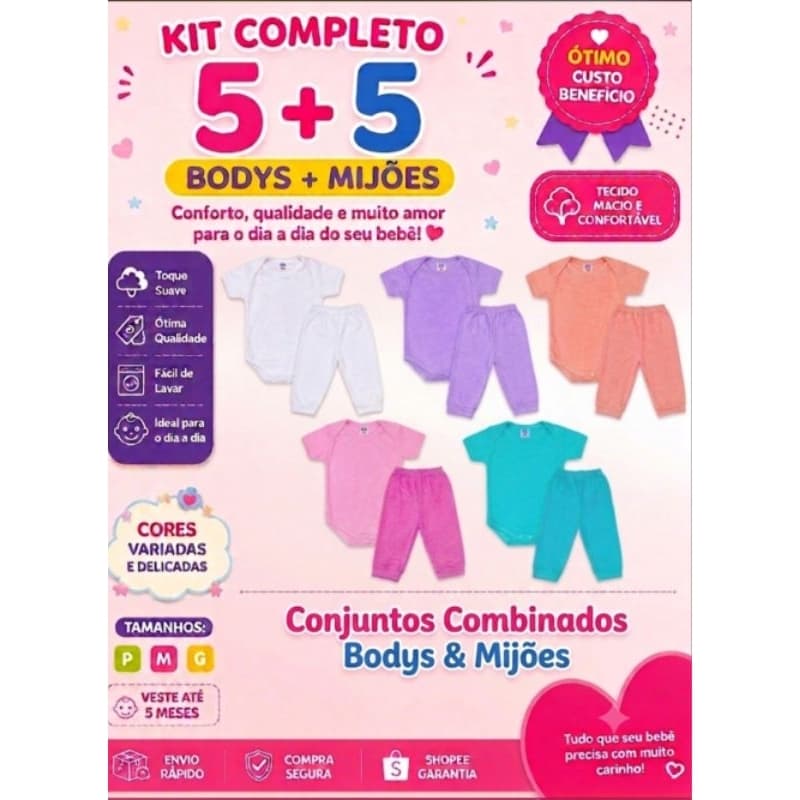 KIT 10 UNIDADES ENXOVAL BEBÊ 5 BODYS MANGA CURTAS + 5 MIJÕES  CORES LISAS 100% ALGODÃO.