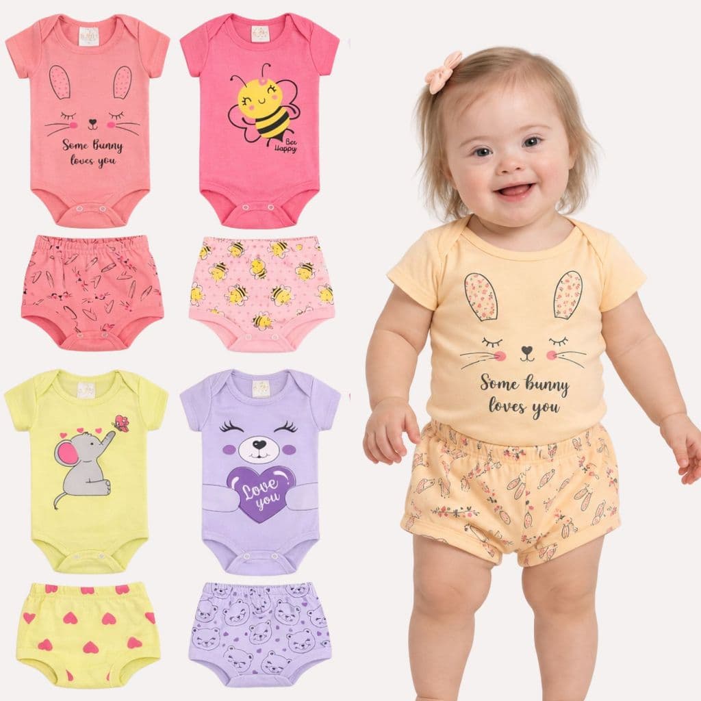 Kit 2 ou 4 Conjunto de Body Bebe Manga Curta Menina + Short Tapa Fralda em Algodão Enxoval Maternidade