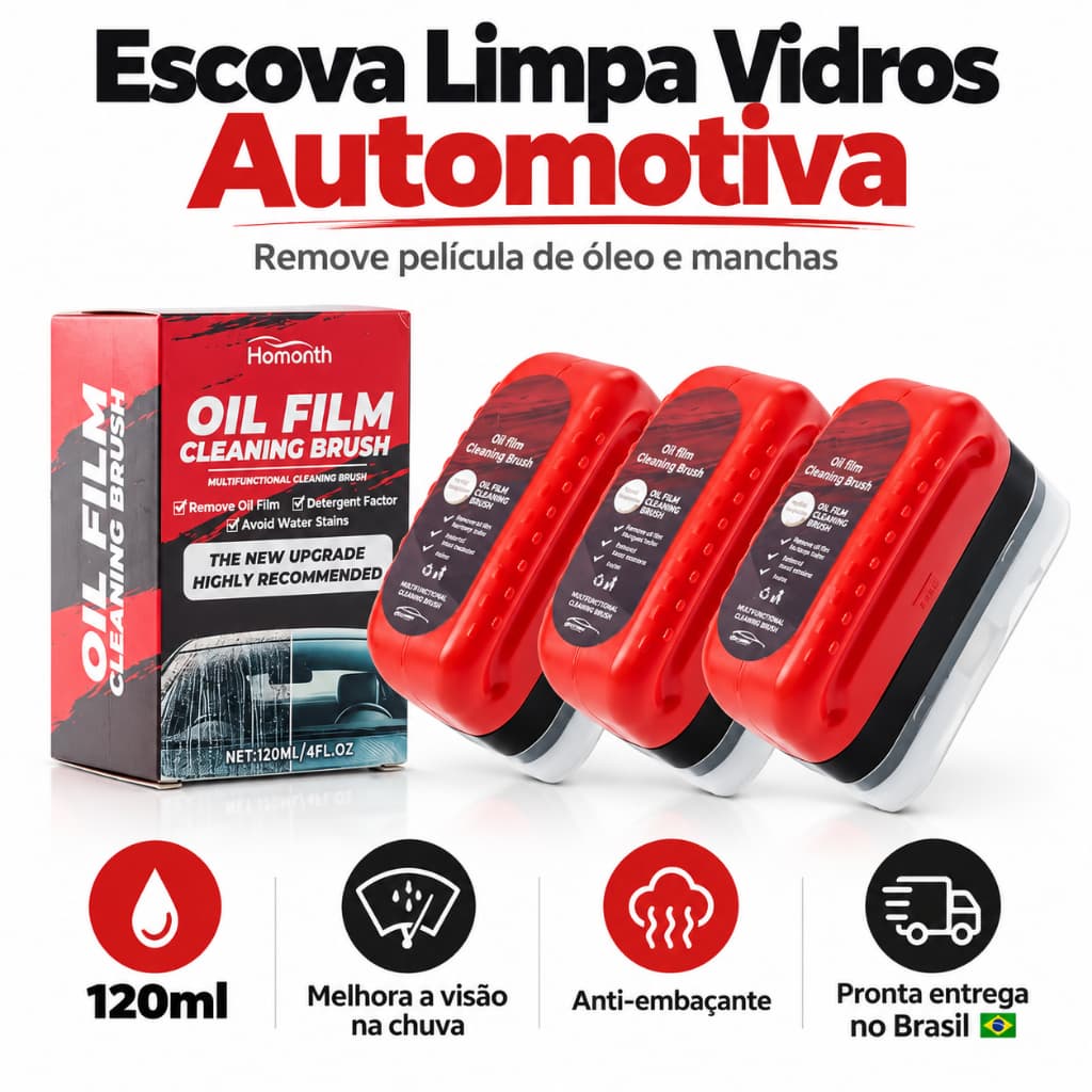 Kit Escova Limpa Vidro Automotivo Tira Óleo e Chuva Ácida 120ml Desengordurante Carro Pronta Entrega
