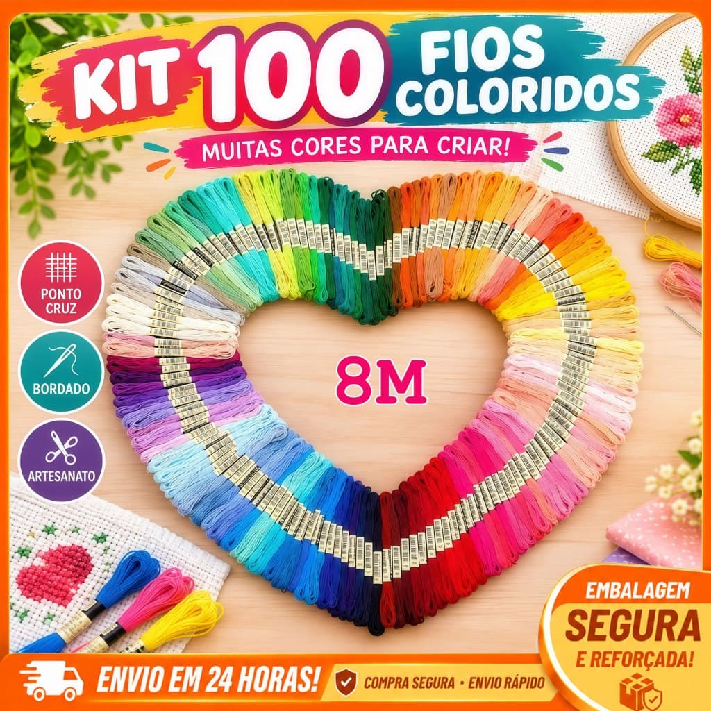 Kit 100 Linhas de Bordar Coloridas para Ponto Cruz, Artesanato e DIY | Fios de Algodão e Poliéster