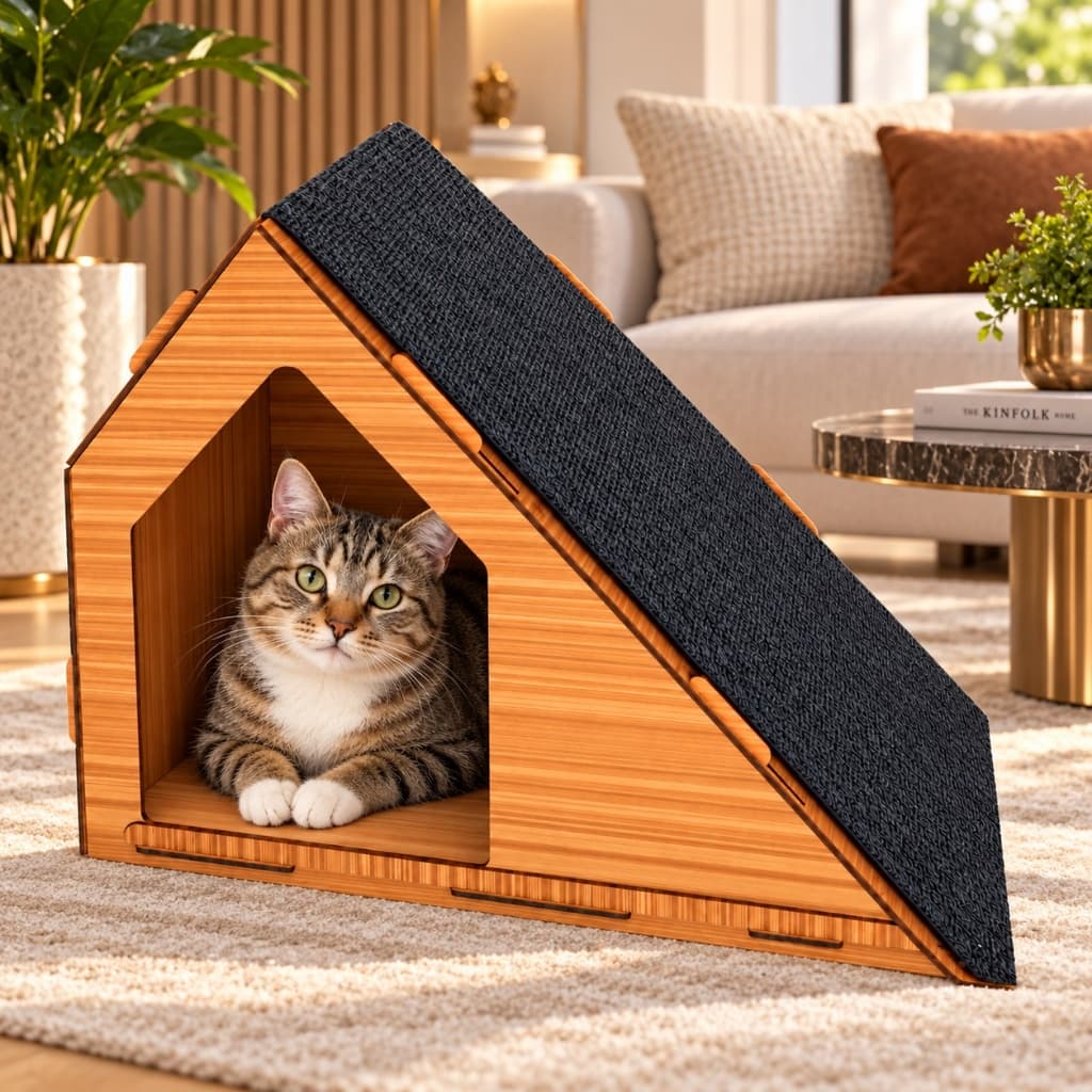 Casinha Cama Casa Toca Com Rampa Carpete Para Gato Pet Interavito Mdf