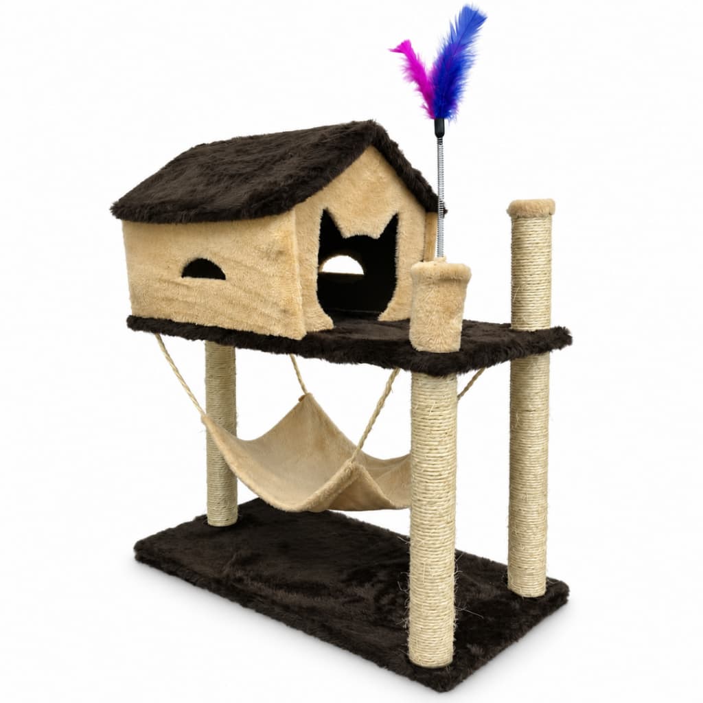 Arranhador para Gatos Casinha Rede Poste Sisal Brinquedo Interativo com Penas