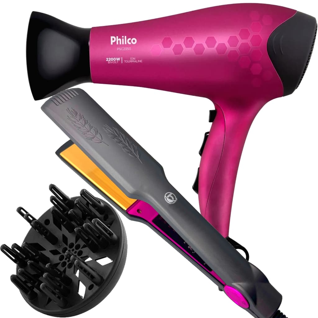 Secador De Cabelo Philco Profissional Ion 2200w Ar Quente Frio Stilo Com Difusor Prancha Cerâmica 210c Bivolt