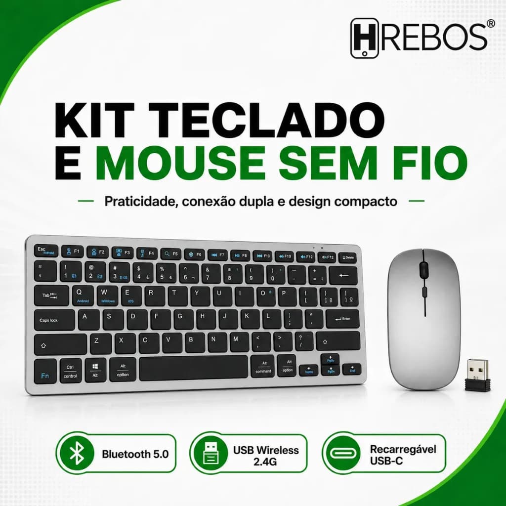 Kit Teclado e Mouse Sem Fio Hrebos Bluetooth Recarregável  Compatível com Windows, Mac Layout Nacional ABNT2