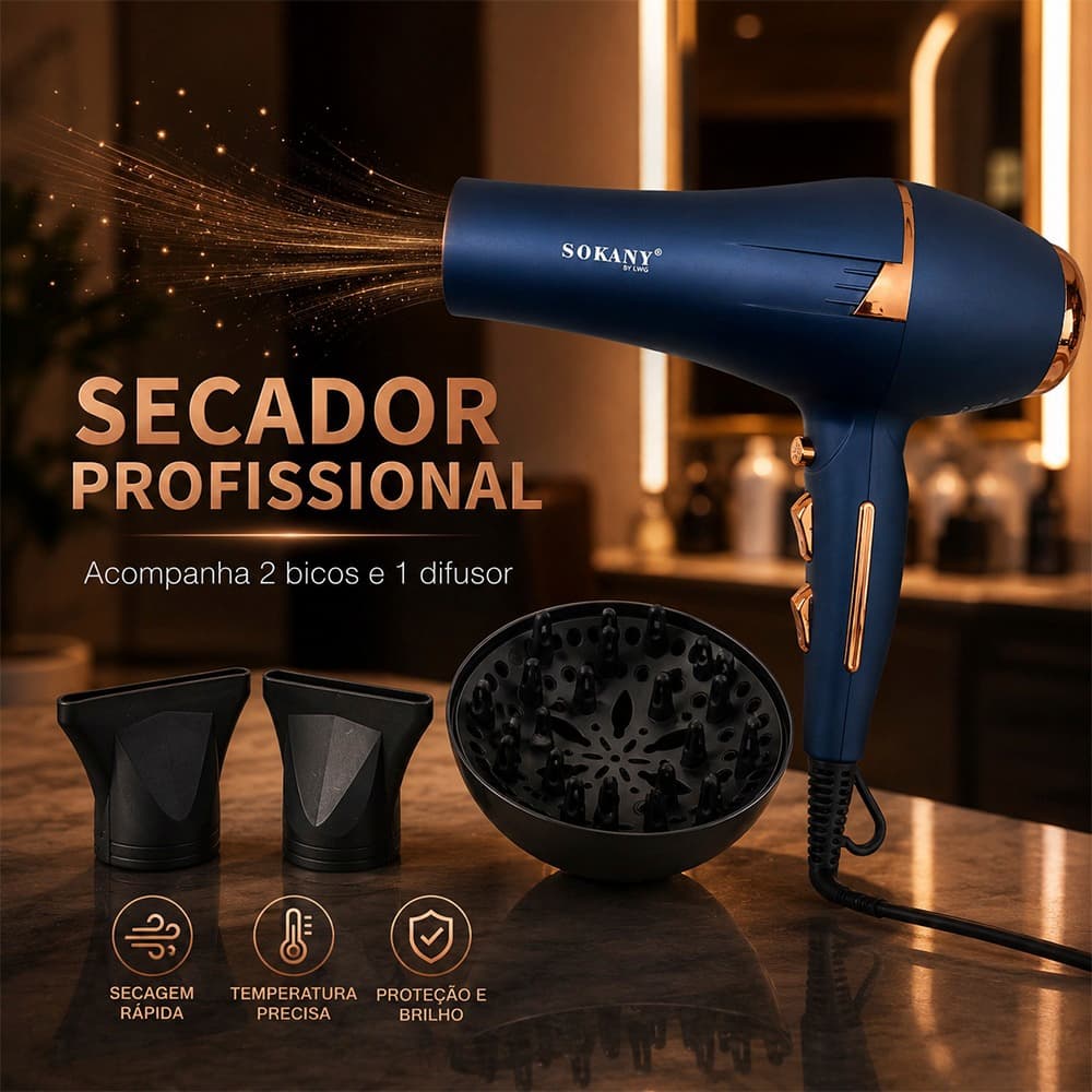 Secador Com Difusor De Cabelos Profissional Cacho Leve Jato de Ar Quente e Frio