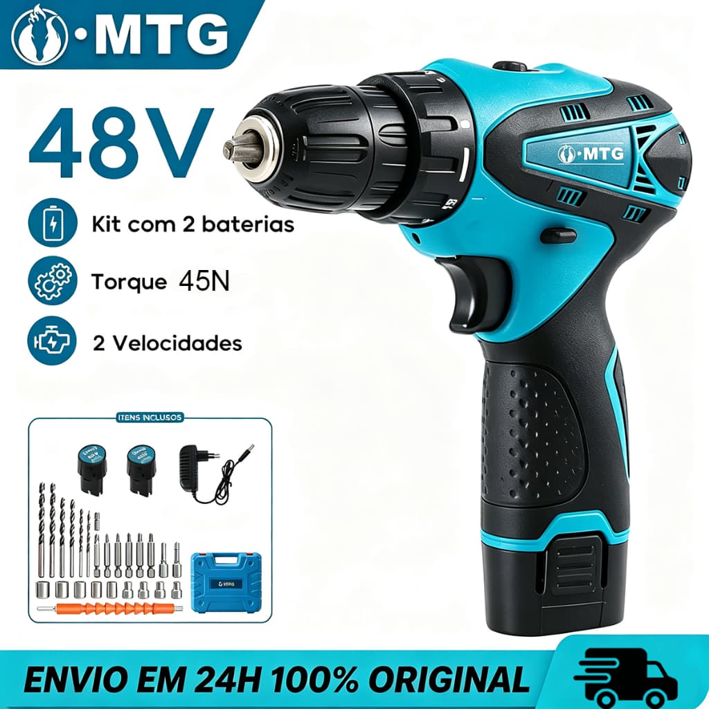 Furadeira Recarregável Azul MTG Kit Completo Ferramentas para Reparos em Casa