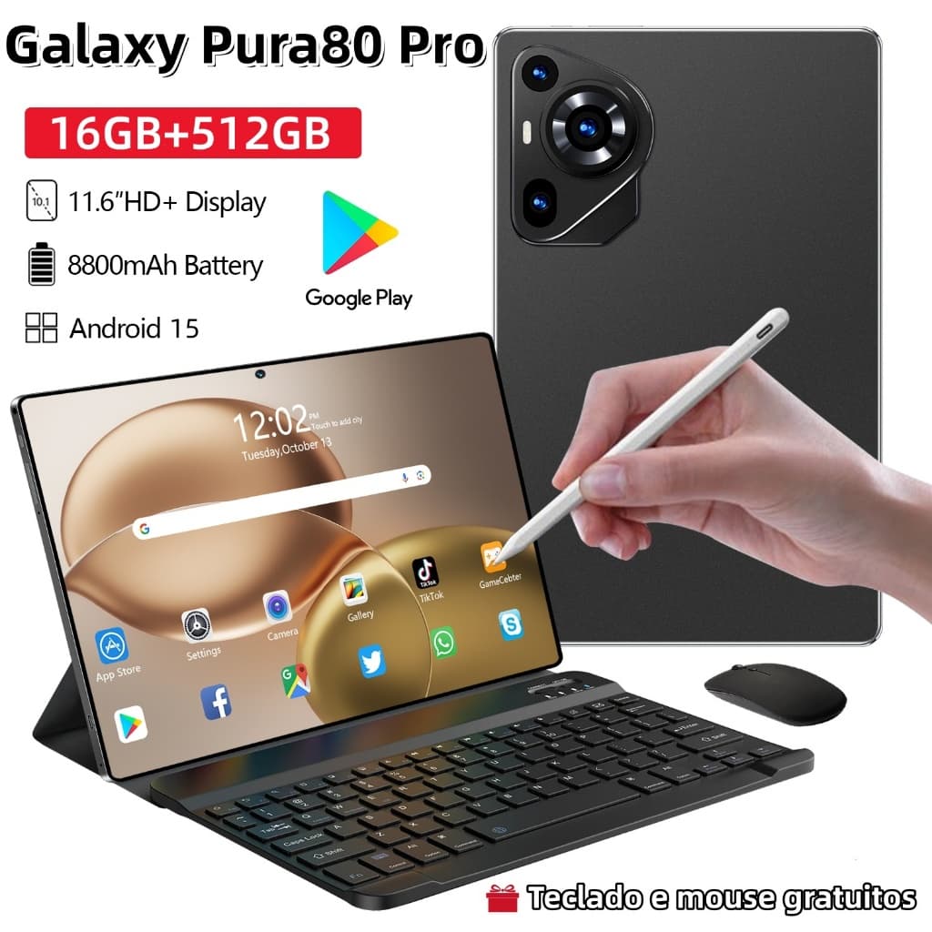 【Teclado e mouse grátis】 Tablet Galaxy Pura80 12 GB + 512 GB, 8.800 mAh, 11,6 polegadas, 5G, Android – Envio rápido