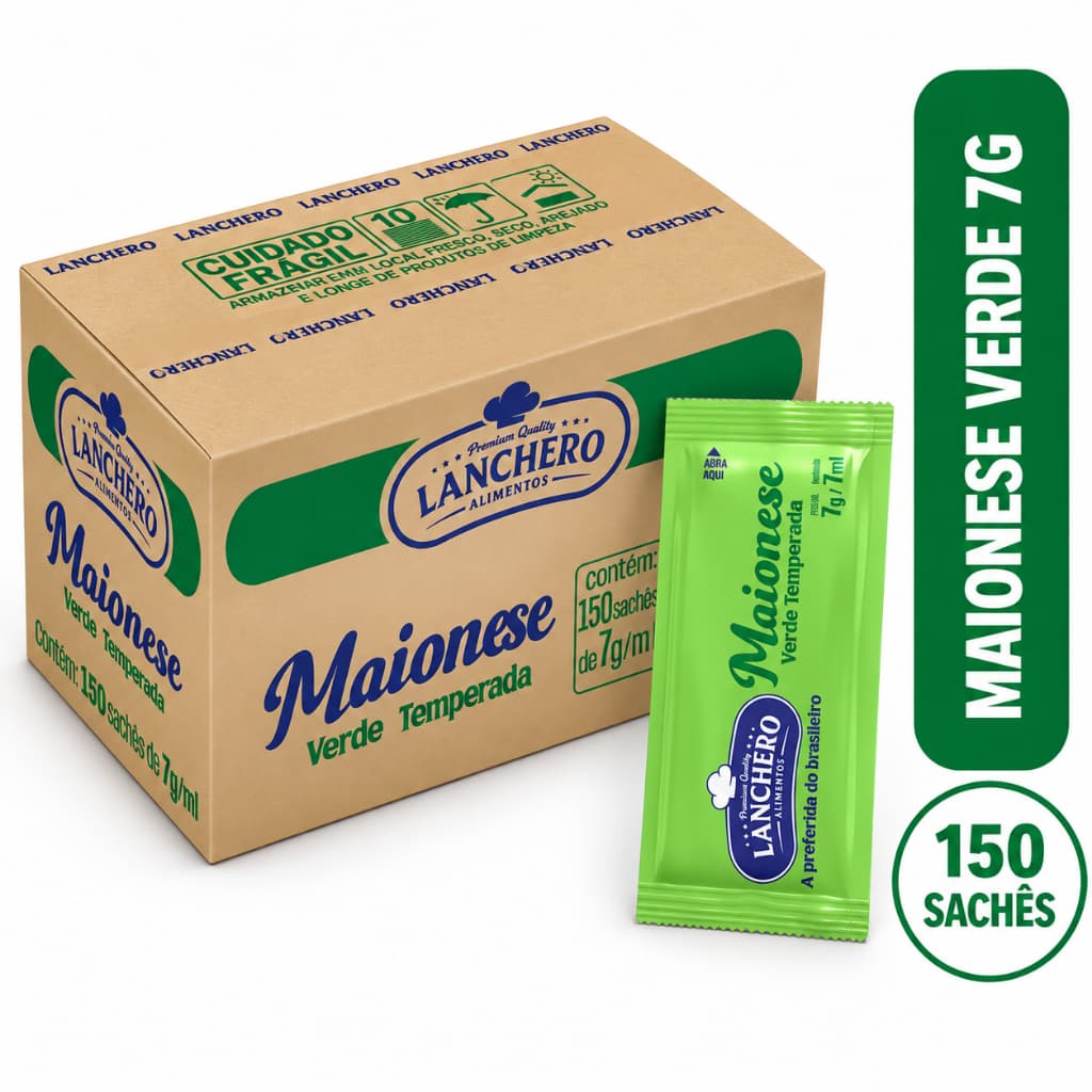 Maionese Verde Temperada Lanchero Sachê 7g/7ml – Caixa com 150 Sachês 💚