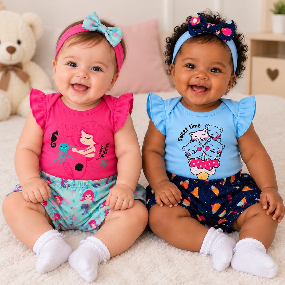 Kit 3 Peças Roupa Bebê Menina Body + Shorts + Tiara | Conjunto de Bebê Menina Confortável 100% Algodão