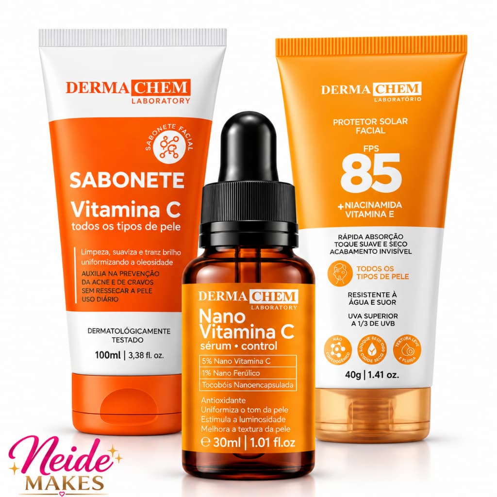Kit Skin Care Sérum Vitamina C Nano Control + Protetor FPS 85 Rosto + Sabonete Dermachem