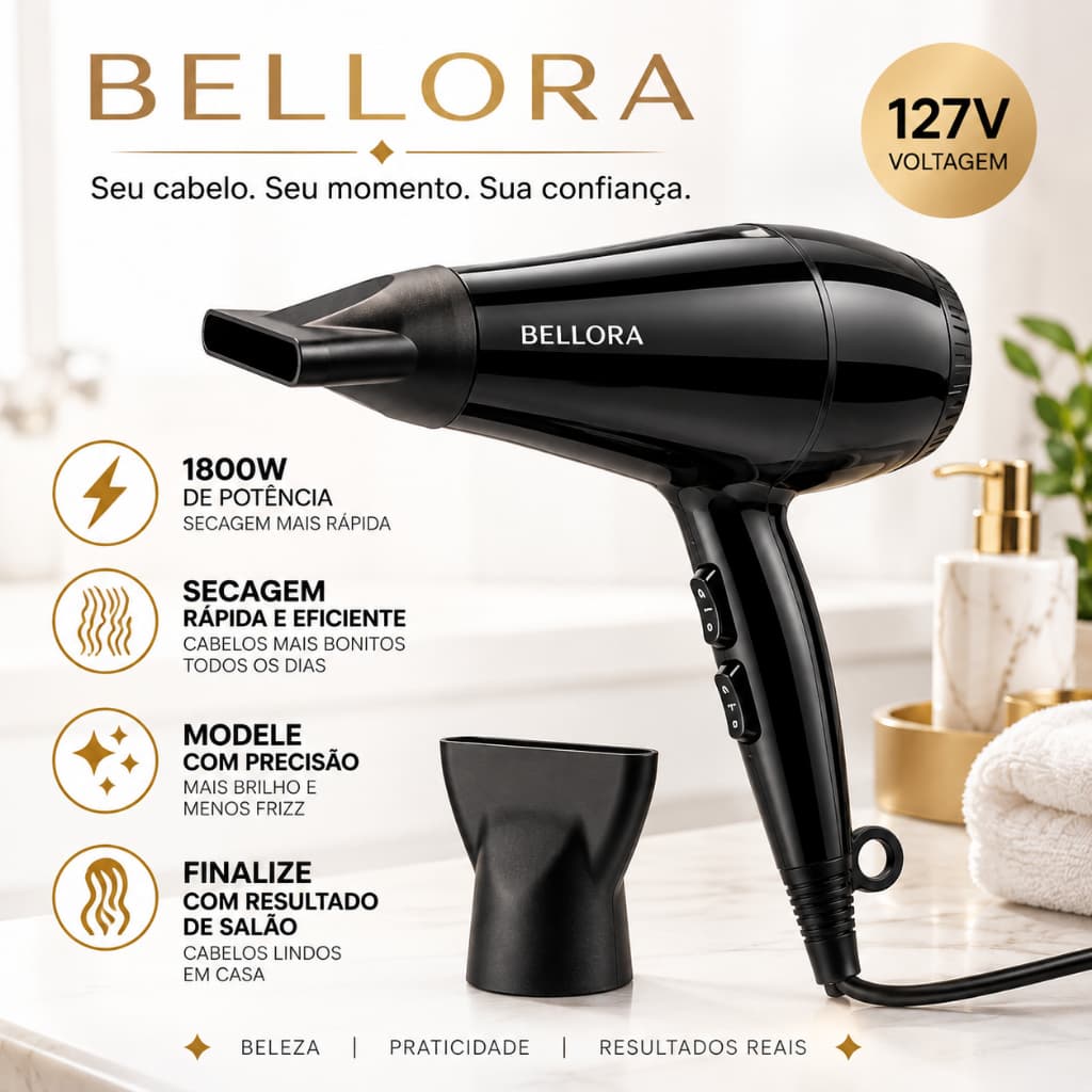 Secador de Cabelo BELLORA Profissional 1800W 127V Preto Potente e Rápido