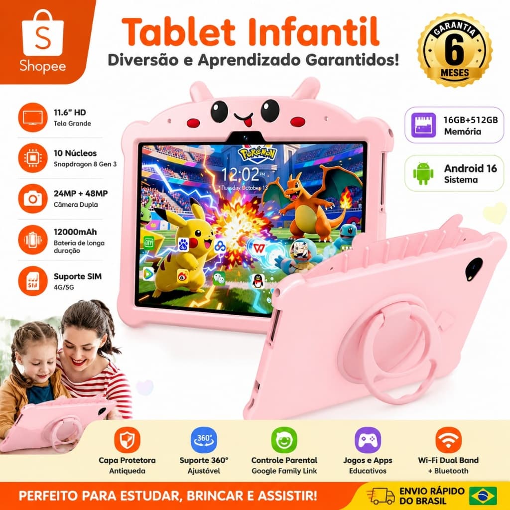 Tablet Infantil F20 11.6" Android 16 | 16GB RAM + 512GB ROM | Câmeras 24MP +48MP | Bateria 12000mAh | Suporte a SIM 5G |