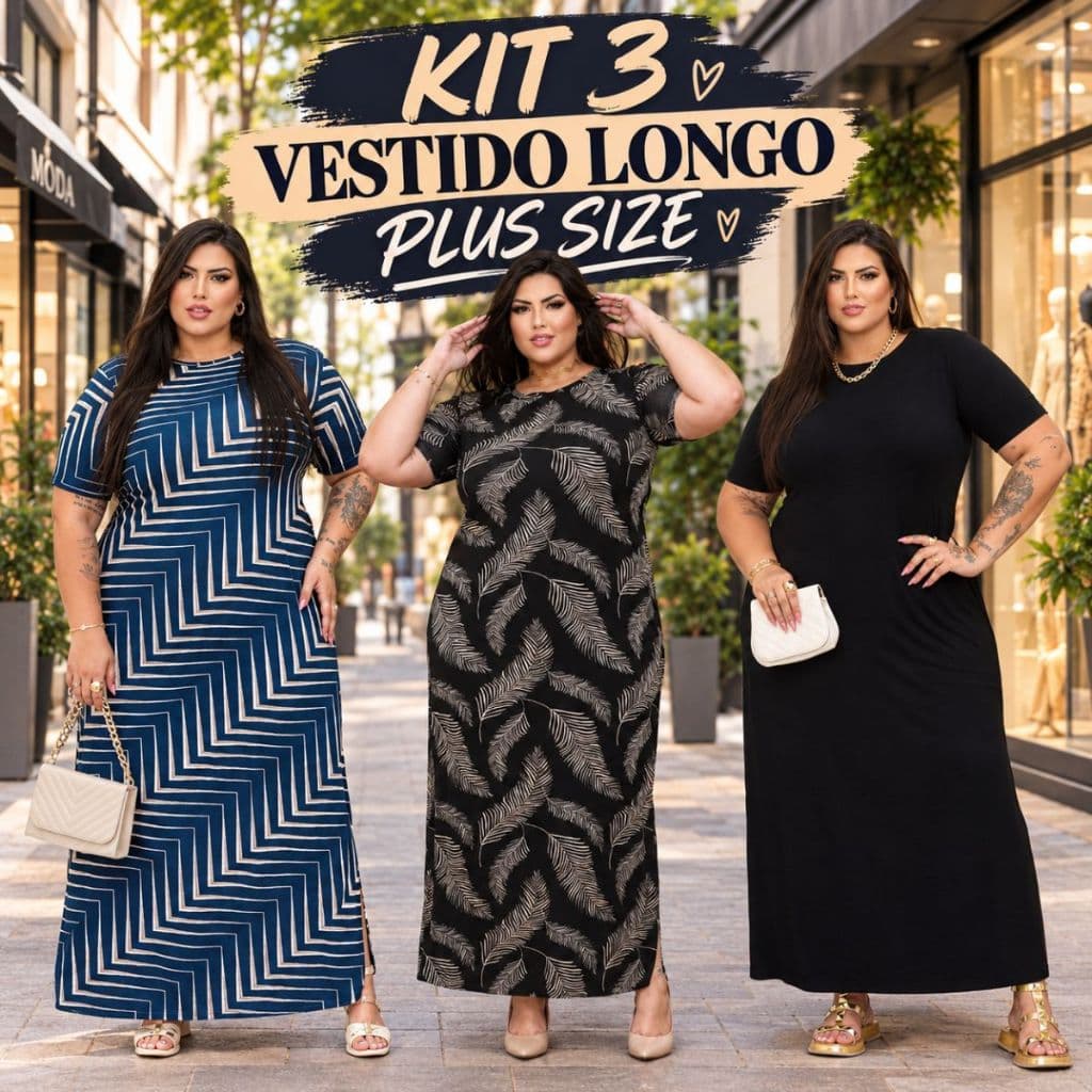 Kit 3 Vestidos Longos Plus Size Curve Festa Evangélico Social veste do 42 ao 58  Verão Feminino Sise