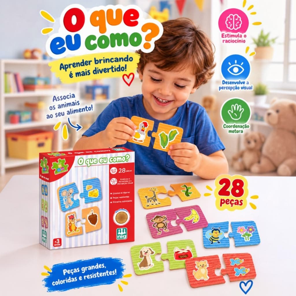Brinquedo Jogo Educativo Quebra-Cabeça Infantil O Que Eu Como? em Madeira 28 Peças Educativo +3 Anos Coleççao BeaBá