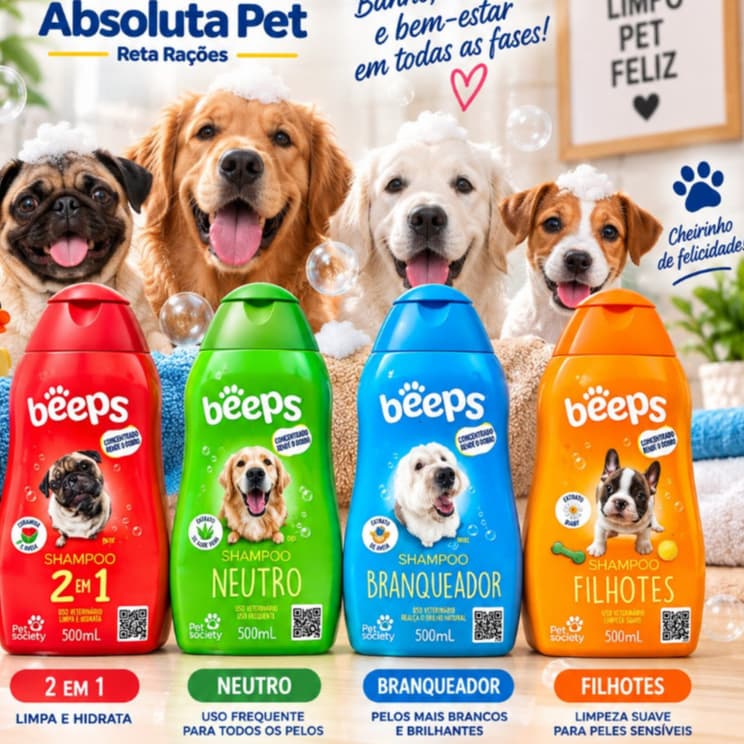 SHAMPOO BEEPS PET SOCIETY PARA CÃES - NEUTRO, BRANQUEADOR, FILHOTES E 2 EM 1 - SHAMPOO PARA BANHO PET