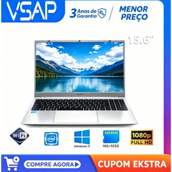 Notebook Gamer VSAP 15.6 Polegadas Intel Pentium G6500y Windows 11pro 16GB RAM 512GB SSD  IPS Antirreflexo Leve e Rápido