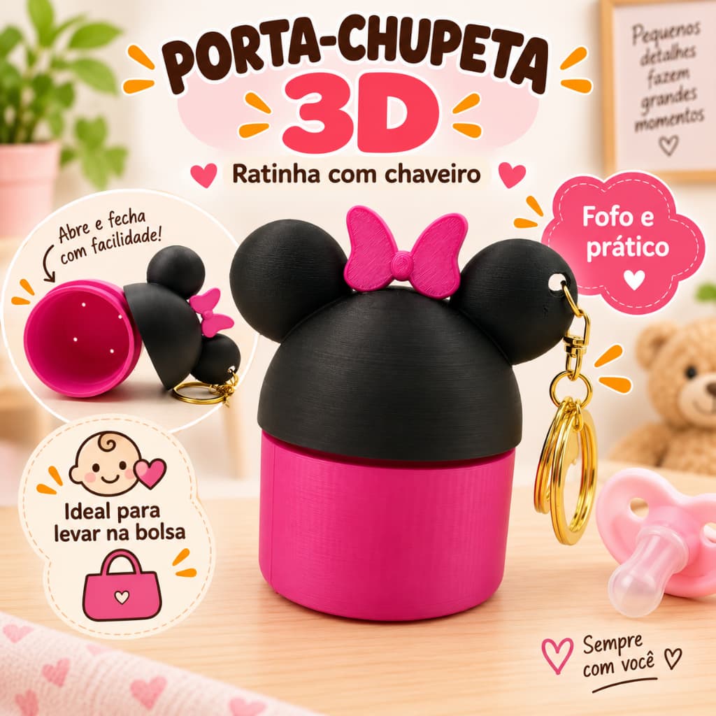Porta Chupeta Minnie 3D com Chaveiro | Case Ratinha para Bolsa Bebê