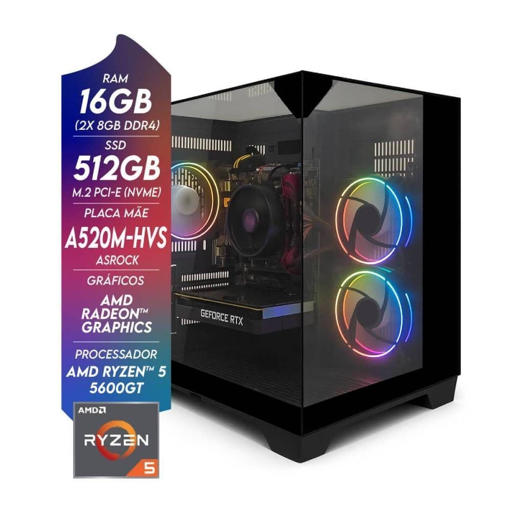 Computador Gamer NTC Vulcano AMD - AQ 1012 AR Dual Channel AMD Ryzen 5 5600GT 16GB DDR4 Radeon Graphics 512GB SSD C/ 3