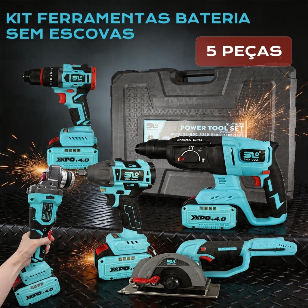 Kit 5 Ferramentas Elétricas Brushless a Bateria, Kit Completo com Vários Acessórios, Maleta, para Reparos Domésticos