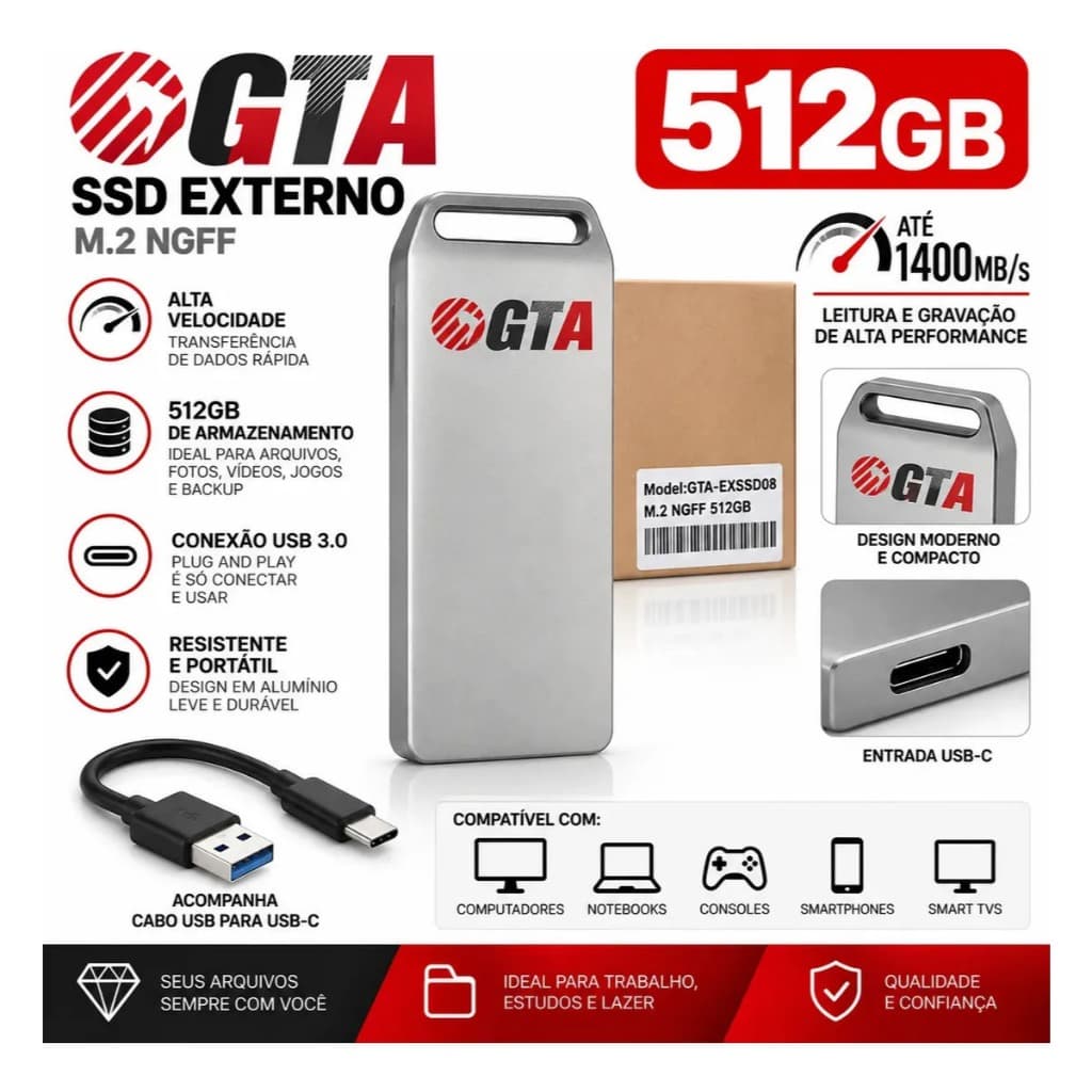SSD Externo Portátil 512 GB M.2 Tipo C Alta Velocidade e Portabilidade Para Computador e Celular