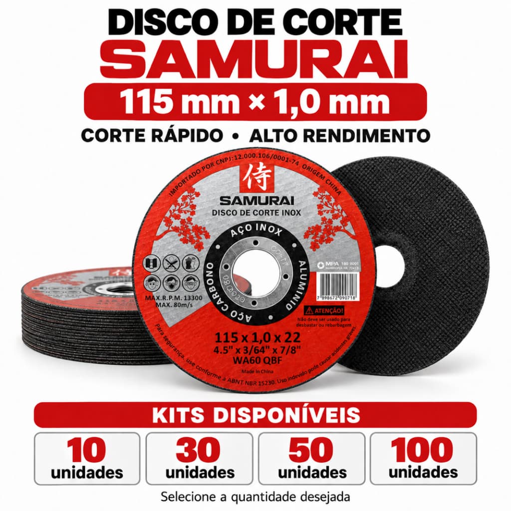 Kits 10 a 50 Discos de Corte Fino Inox Aço Ferro Metal 115mm 4.1/2 x 1,0mm Esmerilhadeira Samurai