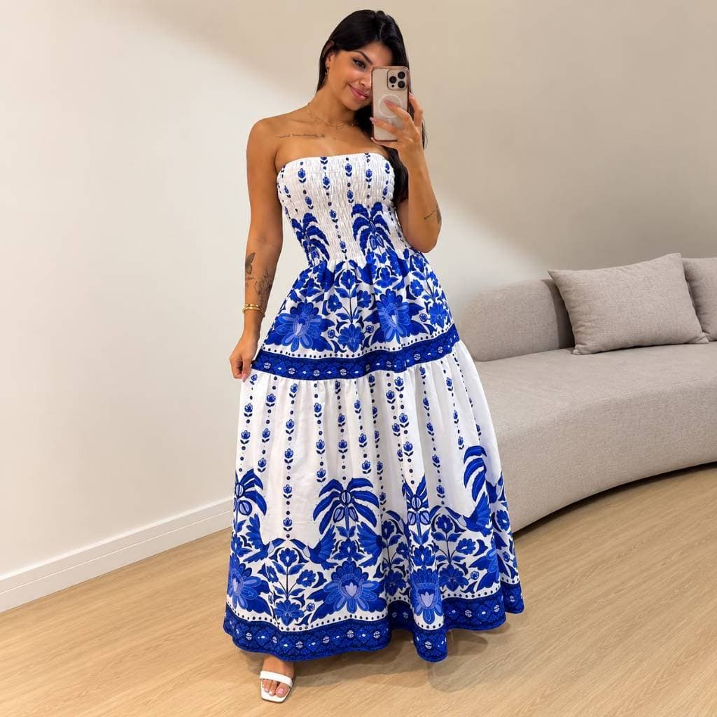 Vestido Tropical Longo Tomara que Caia Estampado – Moda Feminina 2025 ENTREGA RAPIDA