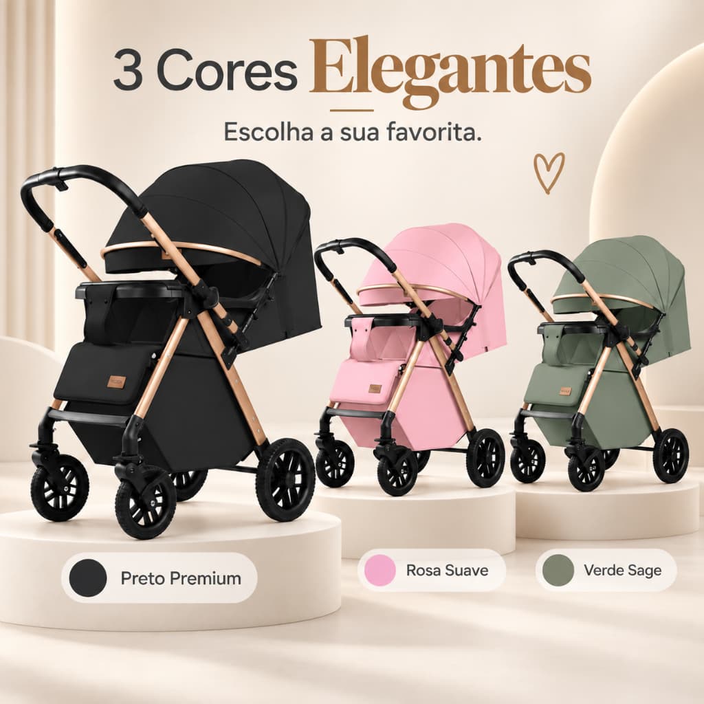 Carrinho de Bebê Dobrável Premium Reclinável 3 em 1 com Suspensão, Cinto de Segurança e Cesto Grande 20kg -P28