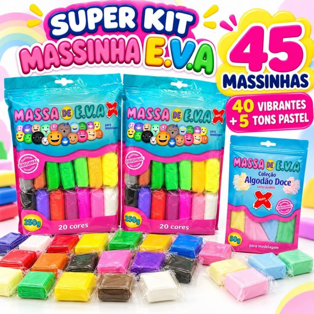 Kit Massinha de EVA Até 45 Unidades Cores Vibrantes e Tons Pastel para Modelar Brinquedo Infantil Biscuit