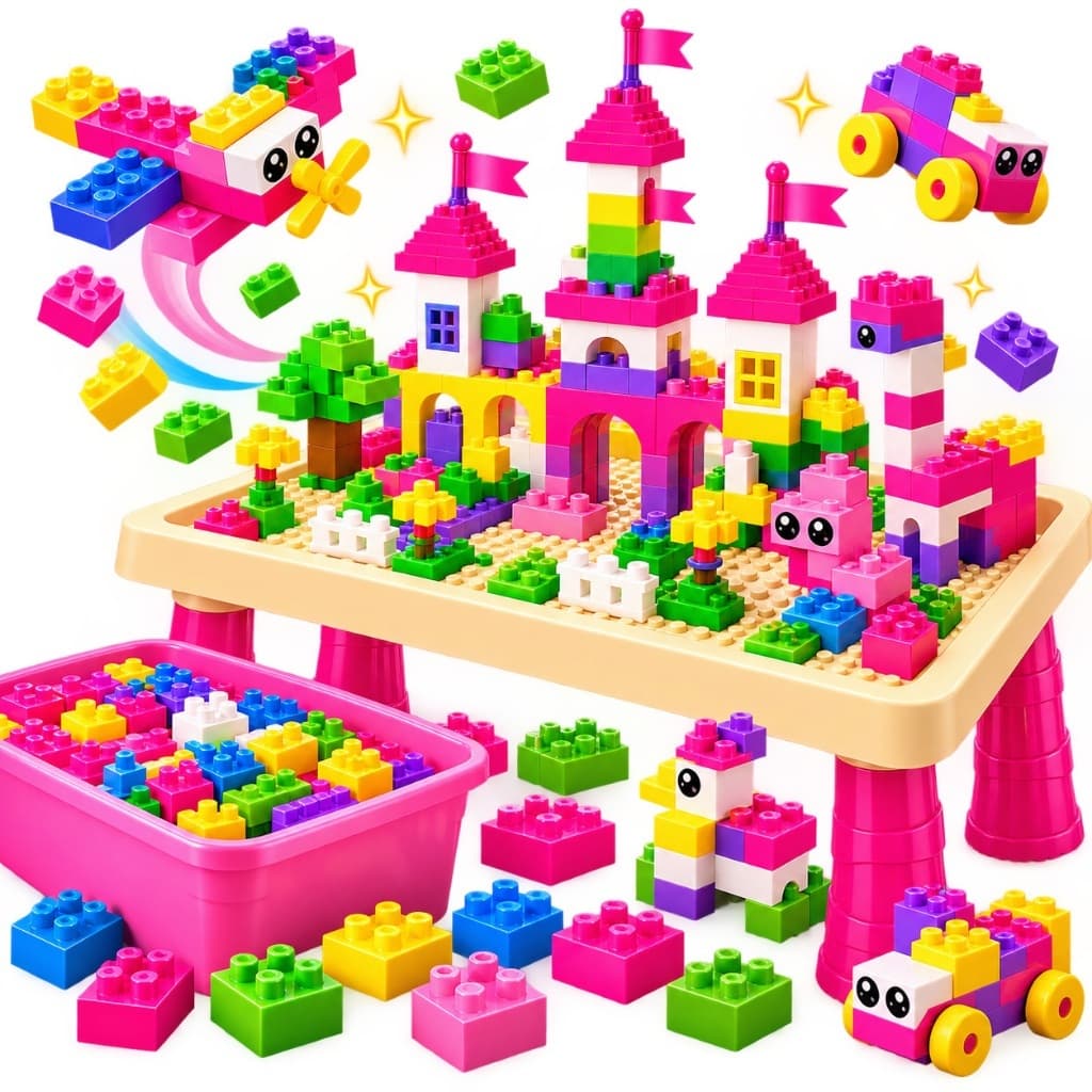 Mesa Didática Infantil Rosa: 100pç Blocos Montar + Figuras! 🤩 PROMOÇÃO Shopee! Brinquedo Educativo Brinquedo Educativo