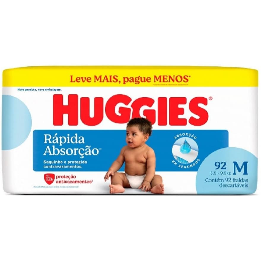 Fralda Huggies Rápida Absorção Tripla Proteção Hiper Pacotão M 92 Unidades