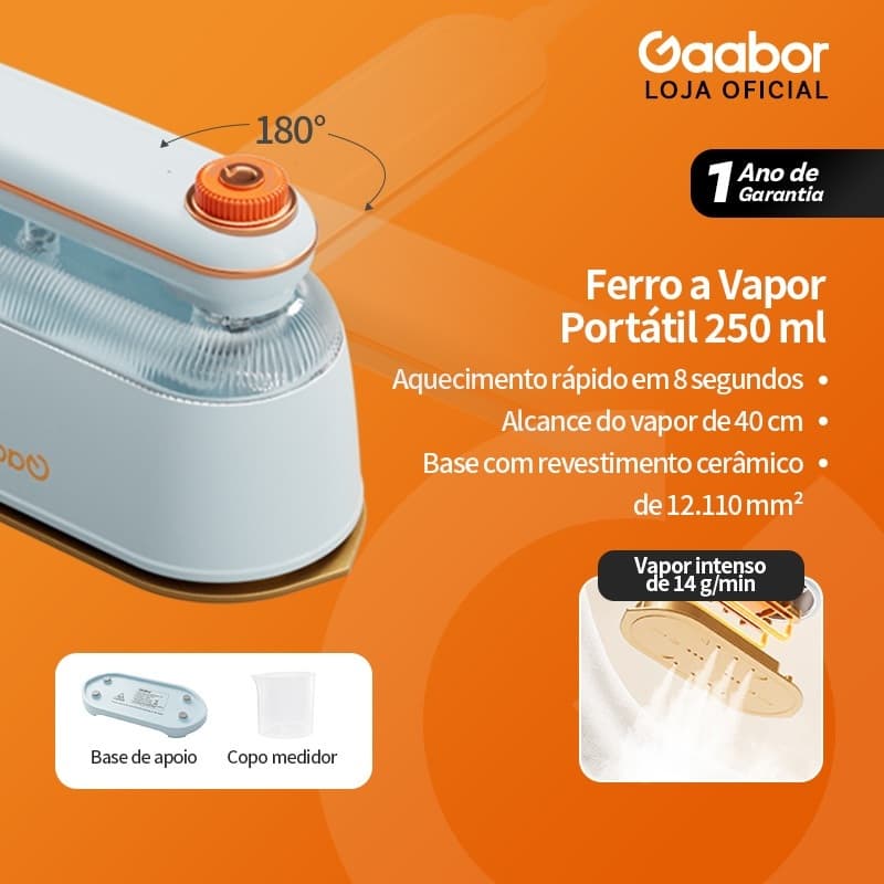 Gaabor Ferro a Vapor 1200W Para Viagem Portátil Compacto Elimina Rugas HM-M03A