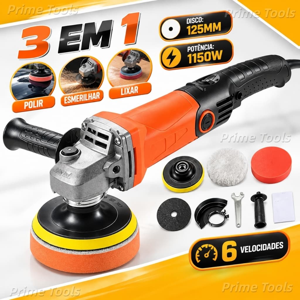 Politriz Esmerilhadeira Lixadeira 3 em 1 125mm 1150W 6 Velocidades Profissional Automotiva Kit Completo