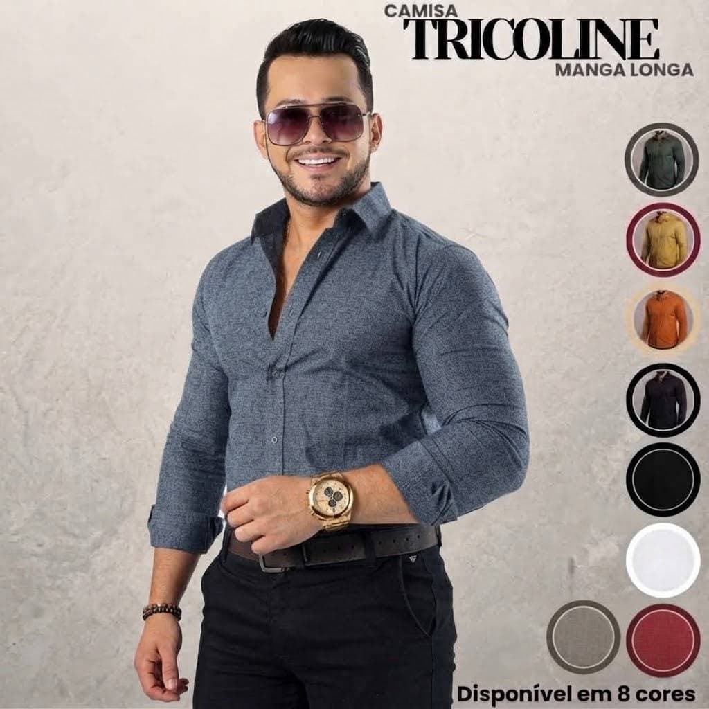 Camisa Social Masculina Manga Longa Slim Fit Tricoline 100% Algodão Premium Azul