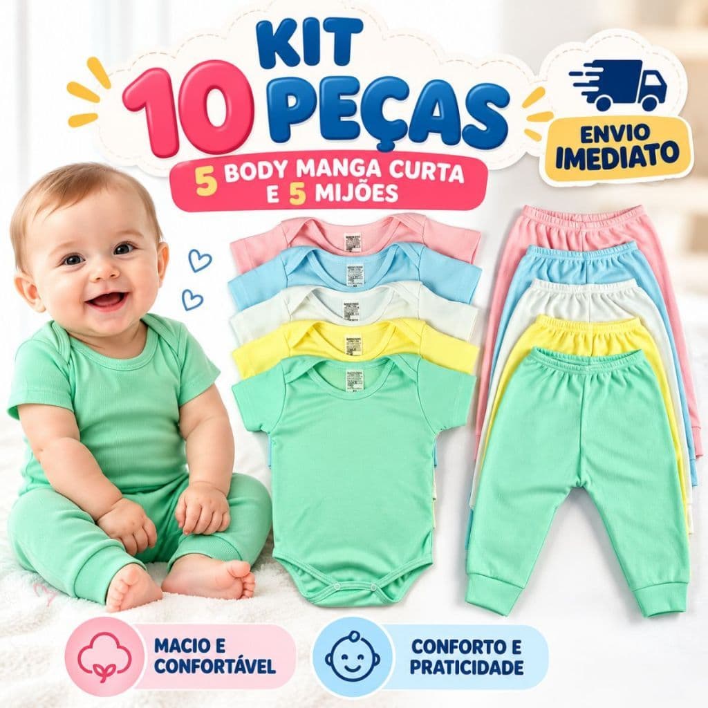 Kit 10 Peças - Conjunto de Bebe BODY MANGA CURTA + MIJÃO LISO Malha Canelada Enxoval