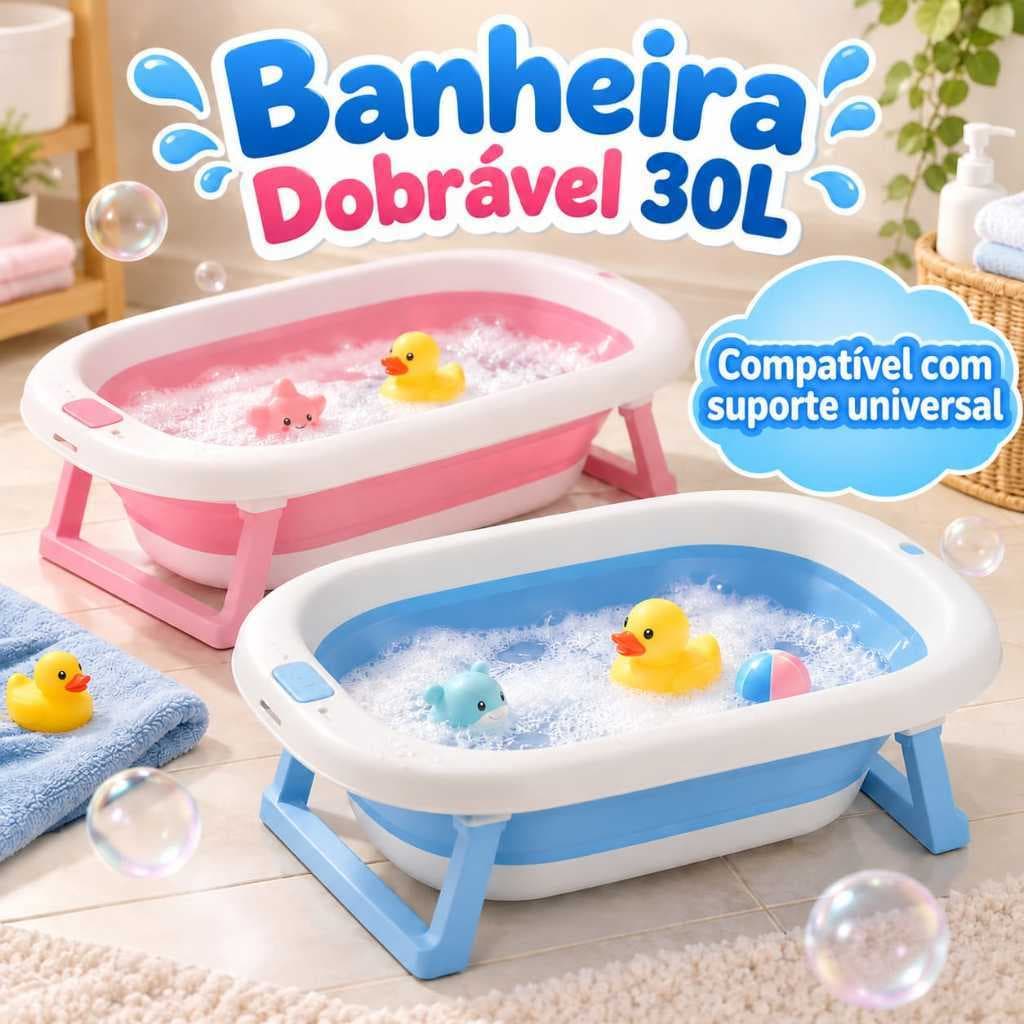 Banheira de Bebê Dobrável Grande 30 Litros Retrátil Portátil Infantil Recém Nascido Menina Menino com Trava