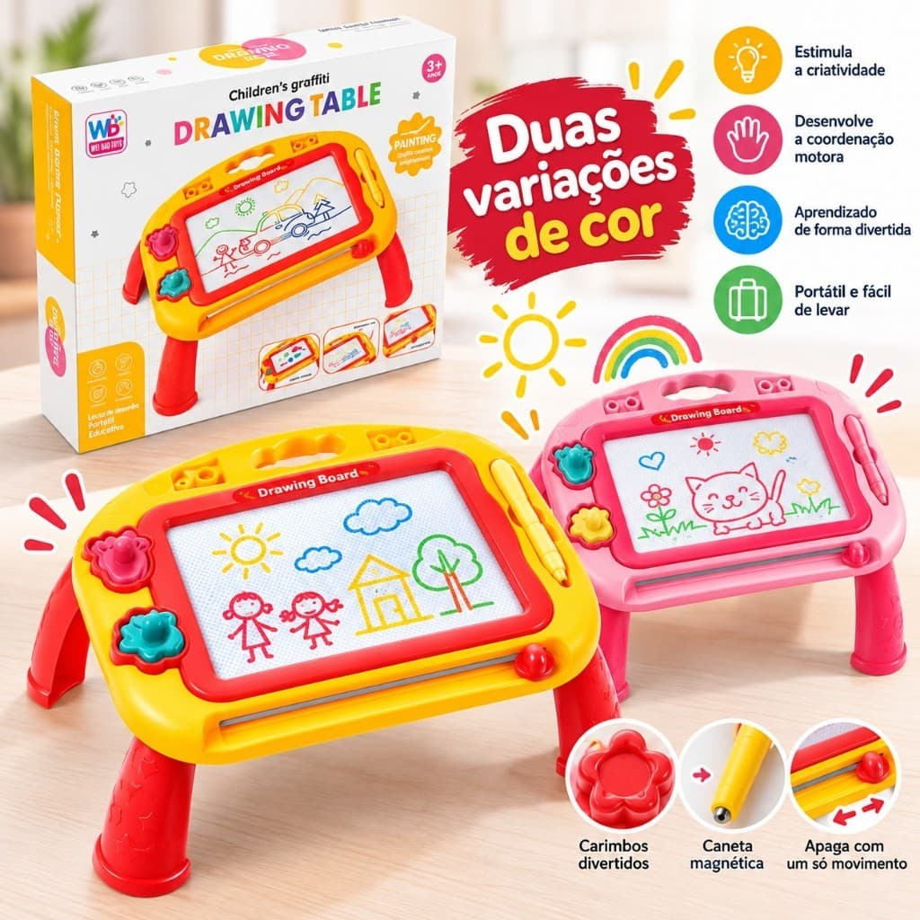 Brinquedo Educativo Mesa e Lousa de Desenho Colorida Magnética