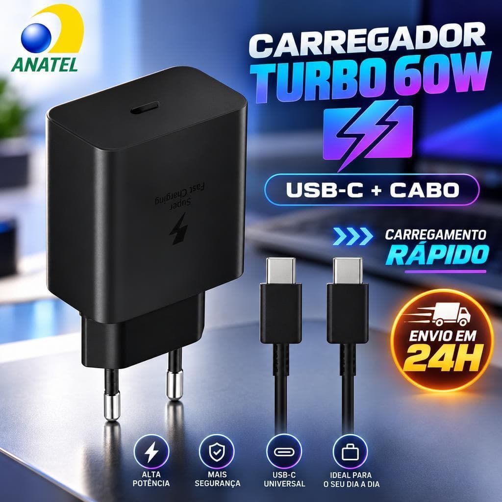 Carregador 60W Fonte USB-C Turbo Rápido Para iPhone Android Celular PD Carregamento Rápido + Cabo USB Tipo C