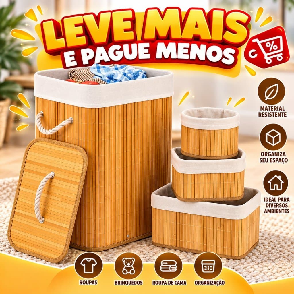 **🧺✨ Kit 4 Cestos Organizadores Multiuso em Bambu + Cesto de Roupas 50L com Tampa e Alça 🌿 – Organização para Banheiro