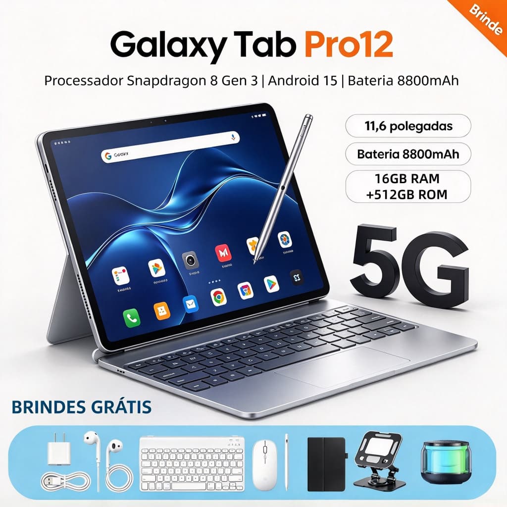 [Teclado e mouse grátis] Tablet Galaxy Pro12 Max 16 GB + 512 GB, 11,6 polegadas, 8.800 mAh, Android 15, envio rápido