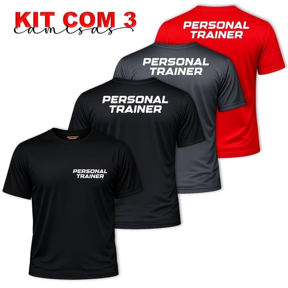 KIT COM 3 Camisetas Camisas Uniforme PERSONAL TRAINER Academia Treino Musculação Fitness Masculino Profissional Dry Fit