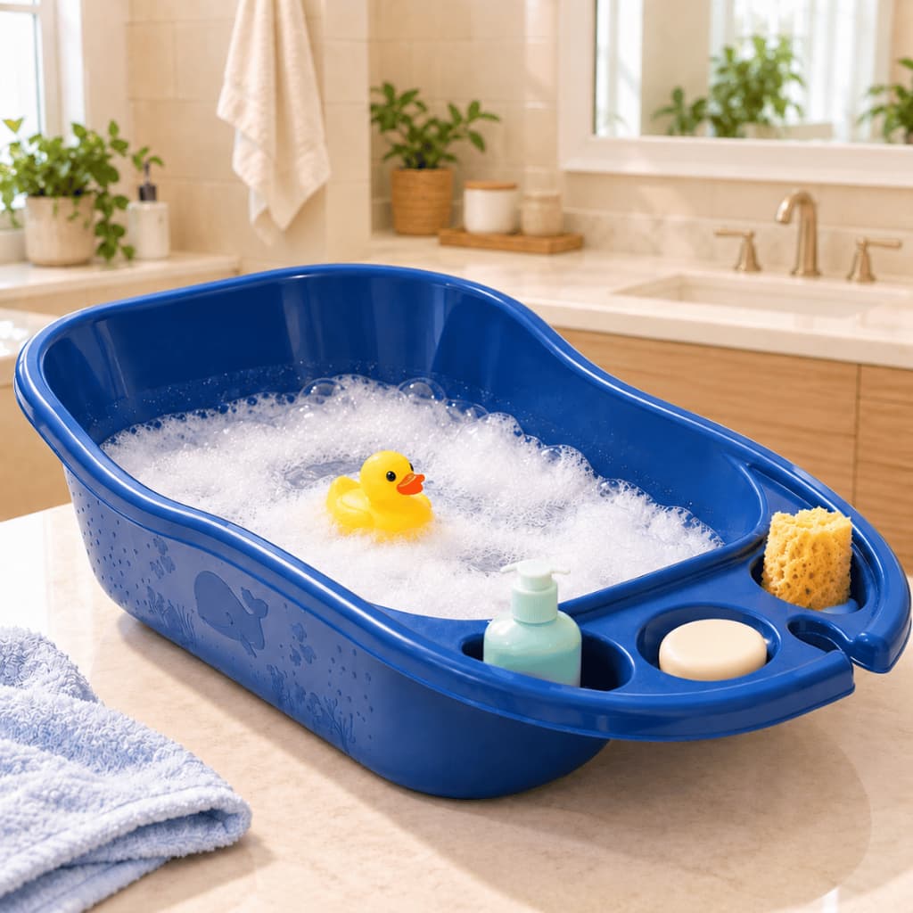 Banheira Infantil para Bebê 34 Litros com Porta Objetos Sabonete Shampoo Azul ou Rosa