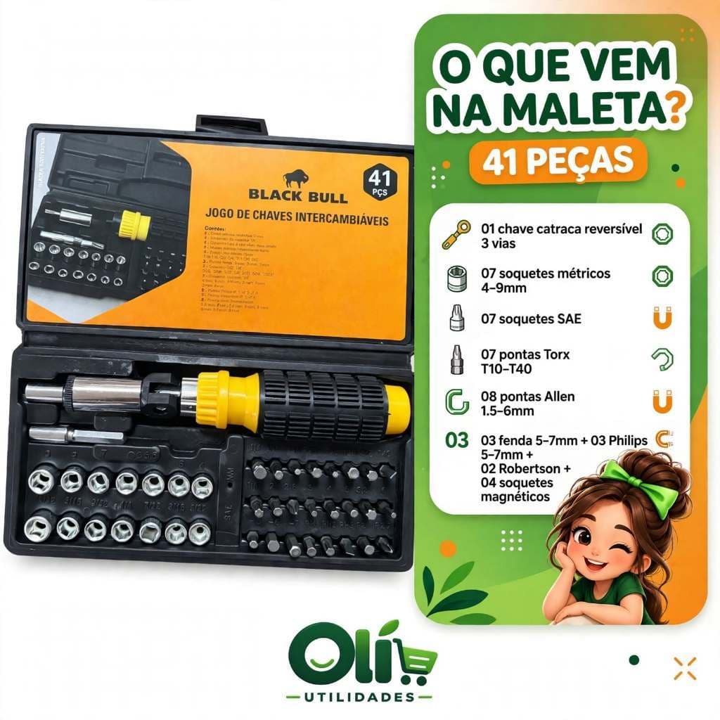Jogo de Chaves Intercambiáveis 41 Peças Black Bull Catraca Reversível + Bits e Soquetes