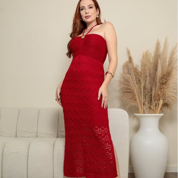 Vestido Feminino Midi Tricot Amarração Decote Fivela Fenda Lateral Elegante Roupa Feminina Vestidos